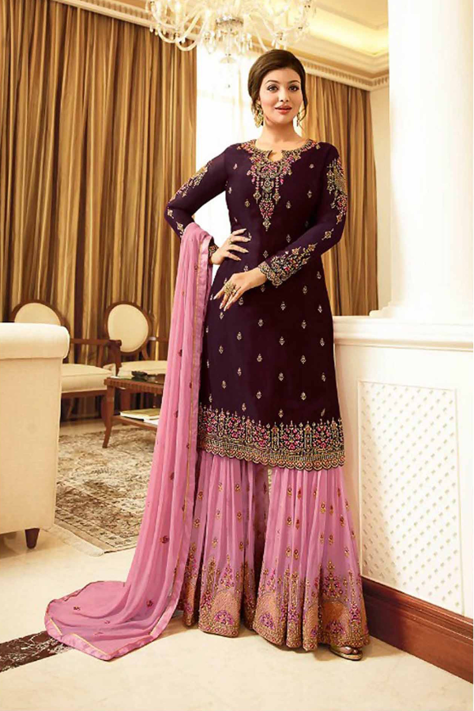 Wine sharara suits with pink dupatta front view