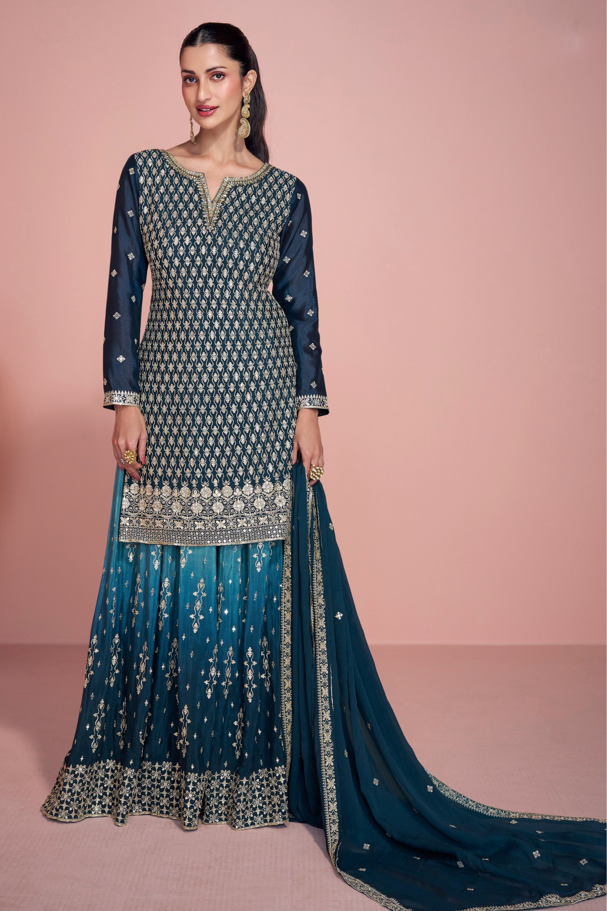 Navy Blue Sharara Suit With Embroidered Chinon Silk