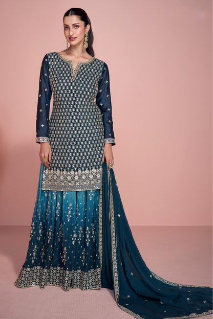 Navy Blue Sharara Suit With Embroidered Chinon Silk