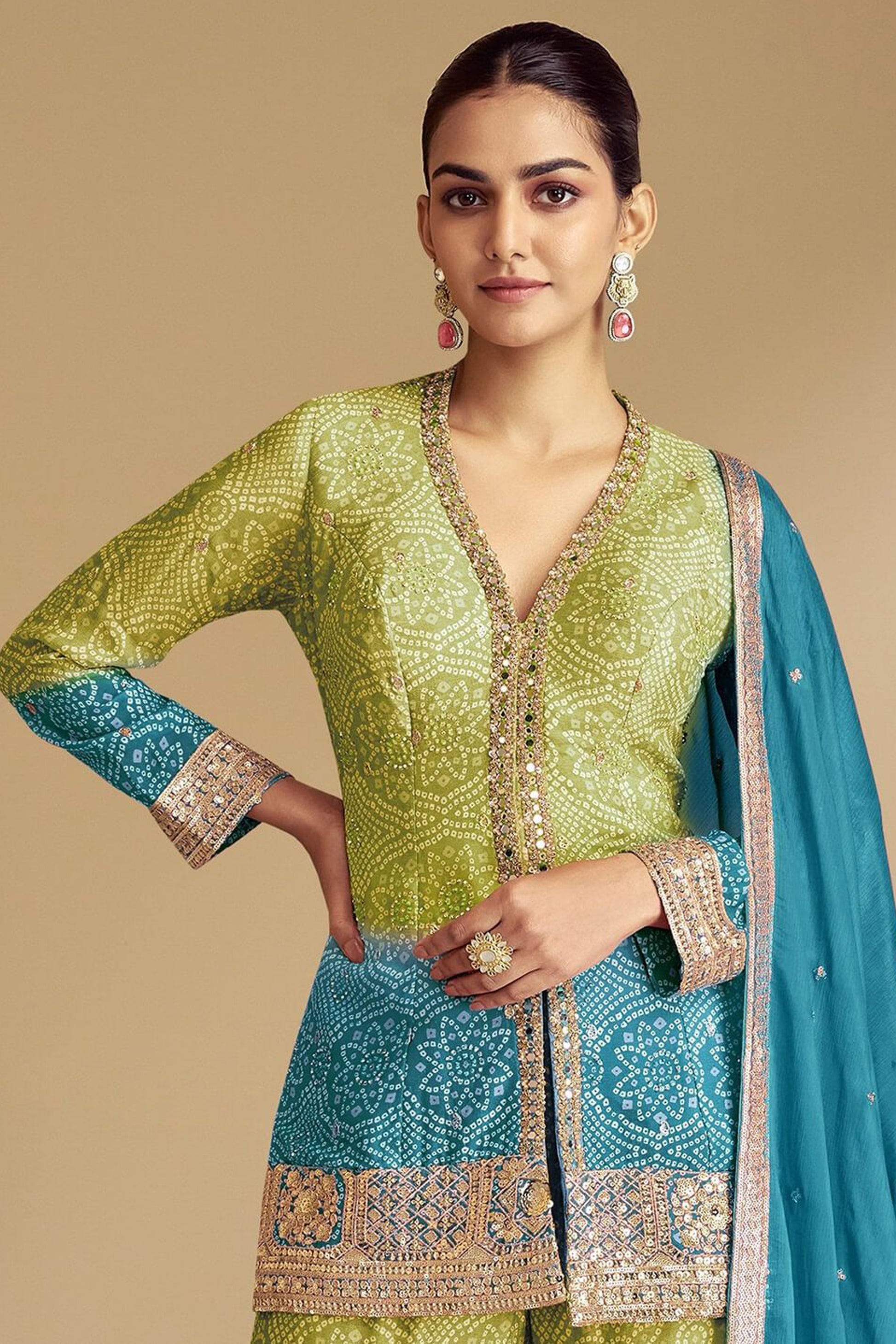 Designer sharara suit with pistachio green base