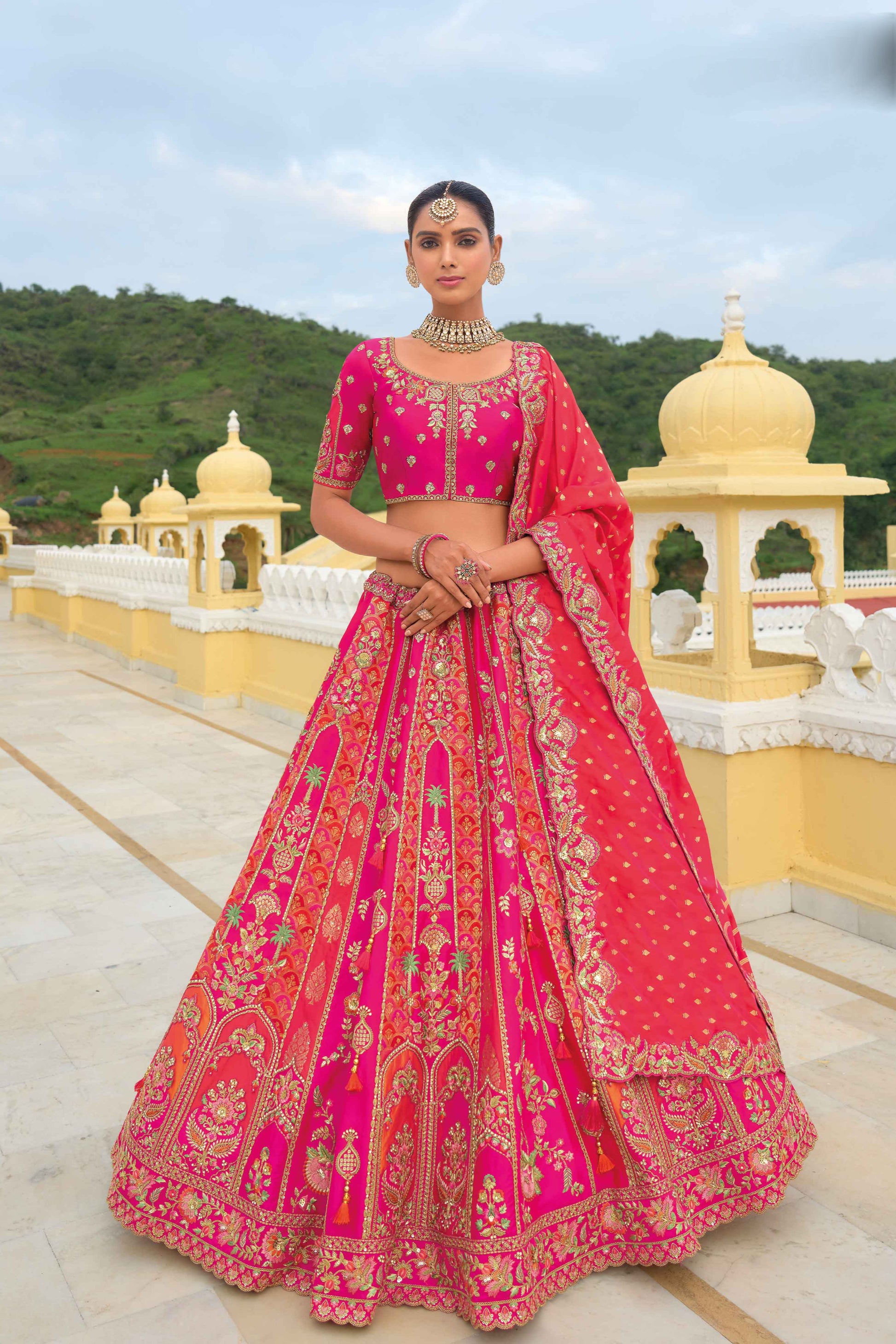 "Elegant lehengas for U.S.-based Indian celebrations."
