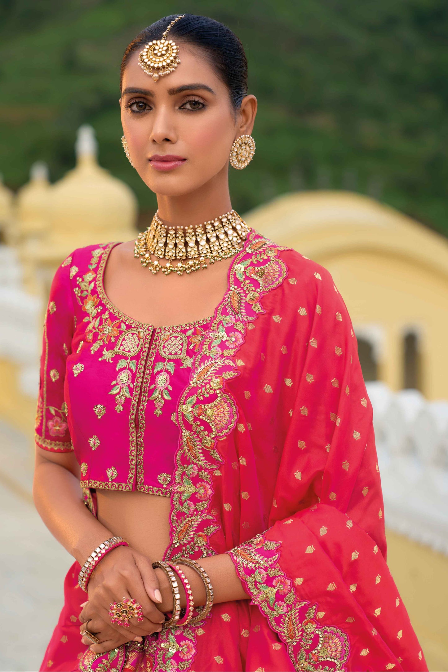 "Elegant lehengas for U.S.-based Indian celebrations."

