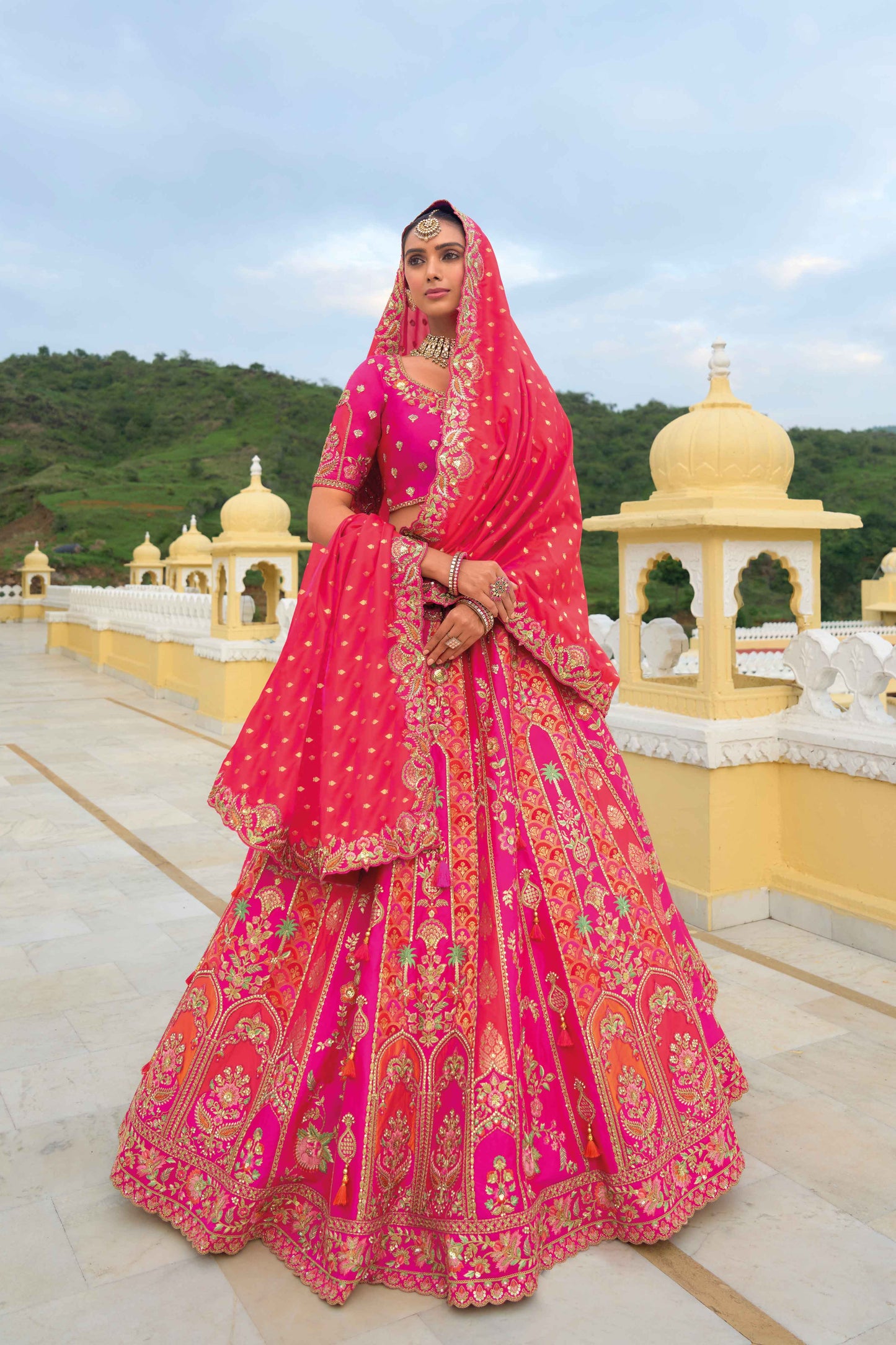 "Elegant lehengas for U.S.-based Indian celebrations."
