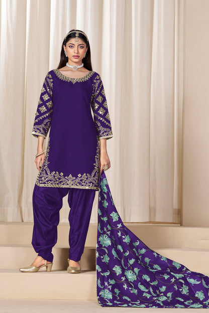 Royal purple patiala suit with flowing patiala drape