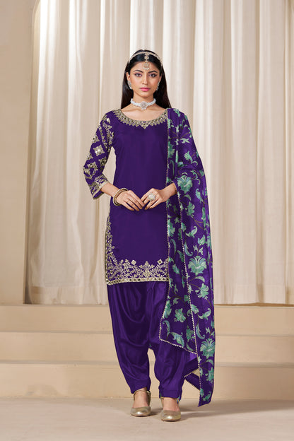 Royal purple patiala suit front view in festive styling