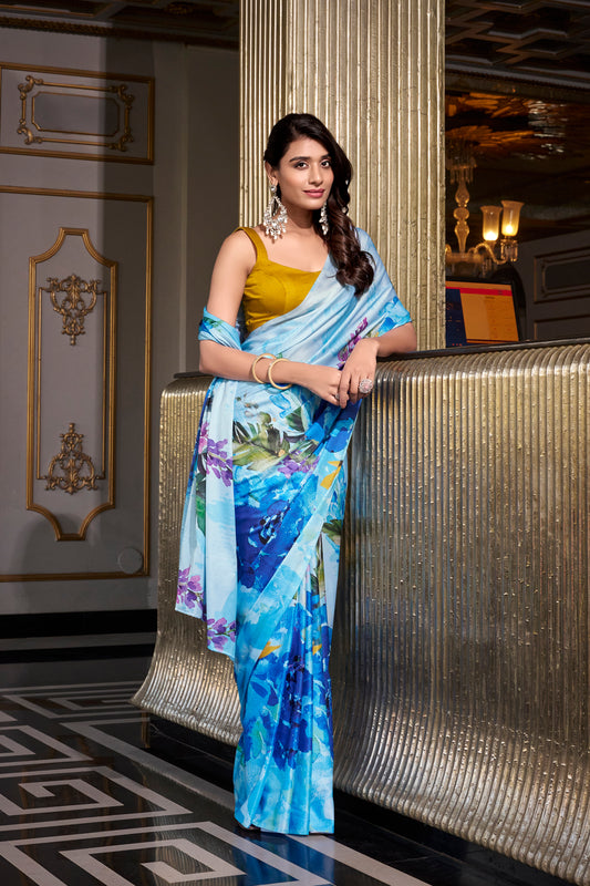 Blue saree with floral print