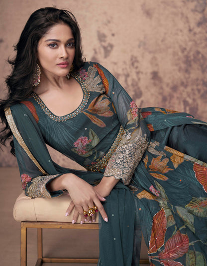 Reception-Wedding Special Teal Blue Real Georgette Pakistani Anarkali Dresses With Dupatta