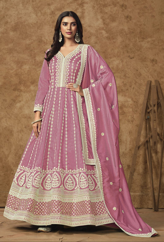 Pink Anarkali Gown Indian Function Party Wear Suit With Dupatta Dress
