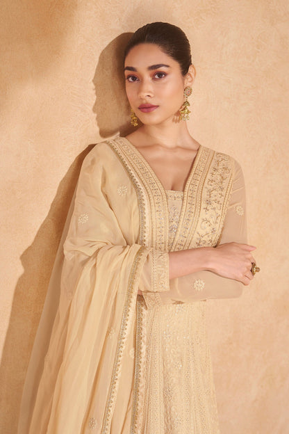 Indian Wedding Sangeet Long Flared Real Georgette Beige Anarkali Gown Suits 