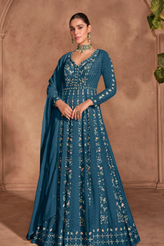 Blue Anarkali Dress With Heavy Chinon Fabric And Intricate Embroidery For Weddings