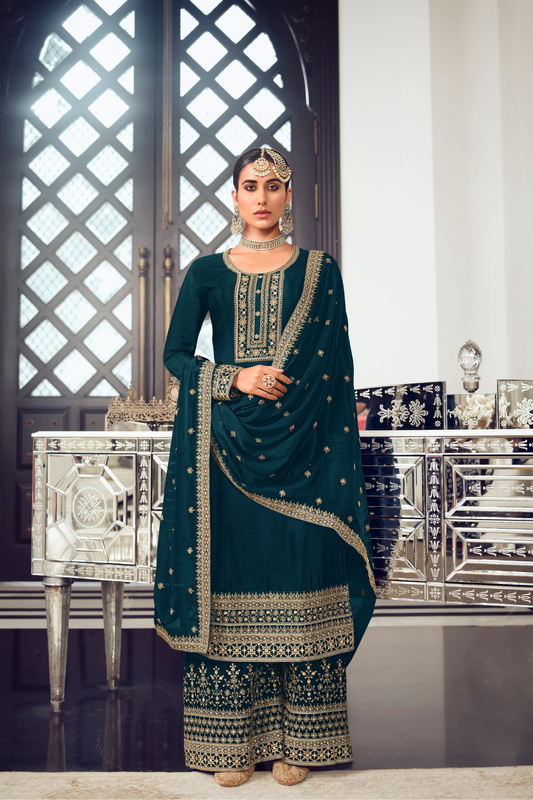 Teal Pakistani Palazzo Suit With Heavy Embroidery For Weddings