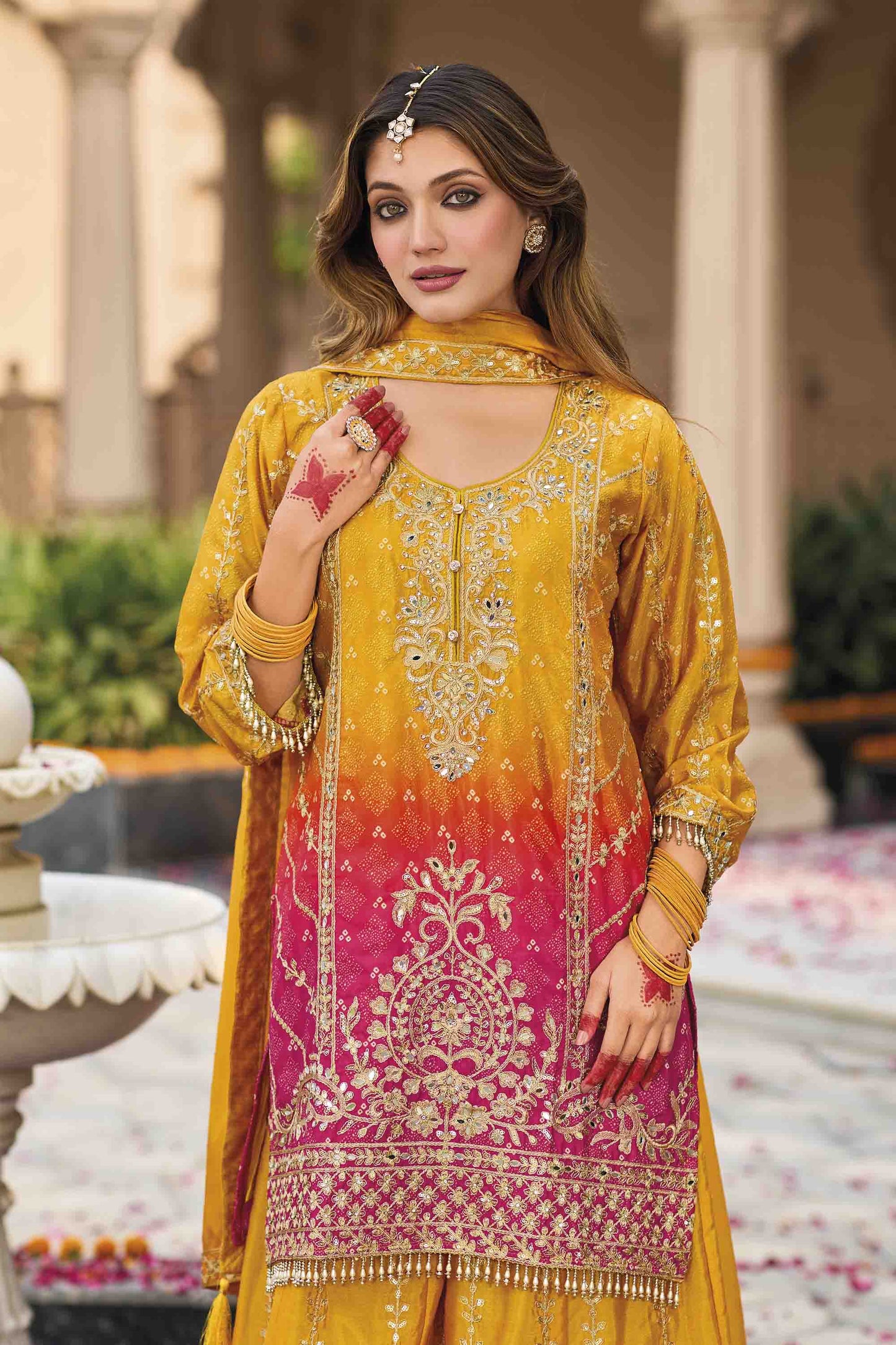 Mustard Yellow Indian Wedding Outfit With Dupatta - Embroidery Work