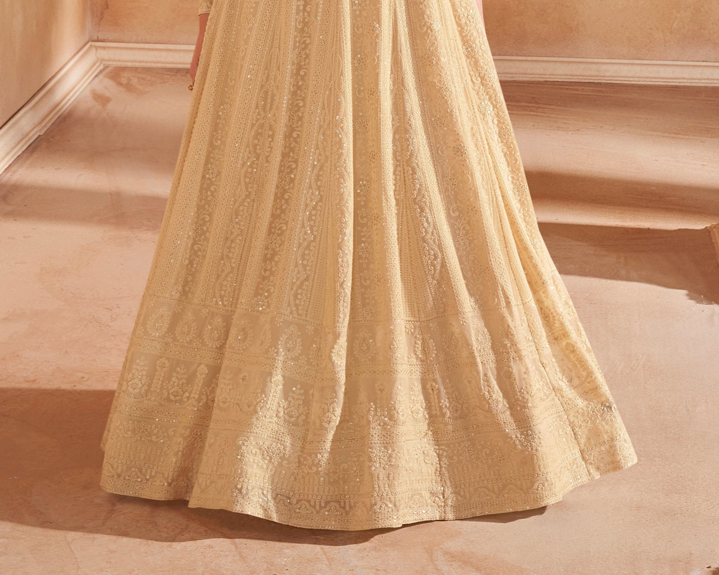 Indian Wedding Sangeet Long Flared Real Georgette Beige Anarkali Gown Suits 