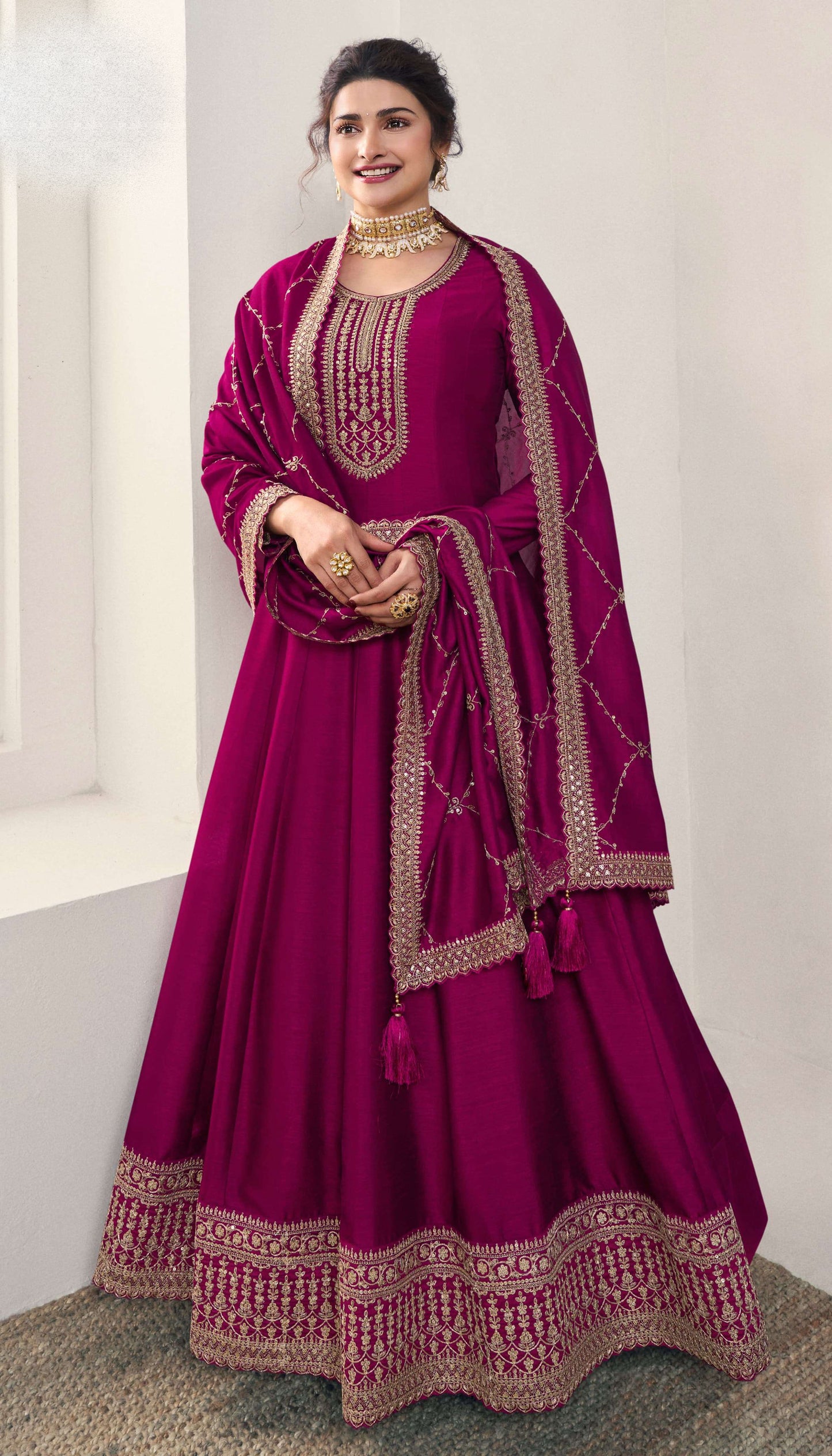 Long Embroidered Silk Georgette Wine Anarkali Gown With Dupatta For Her