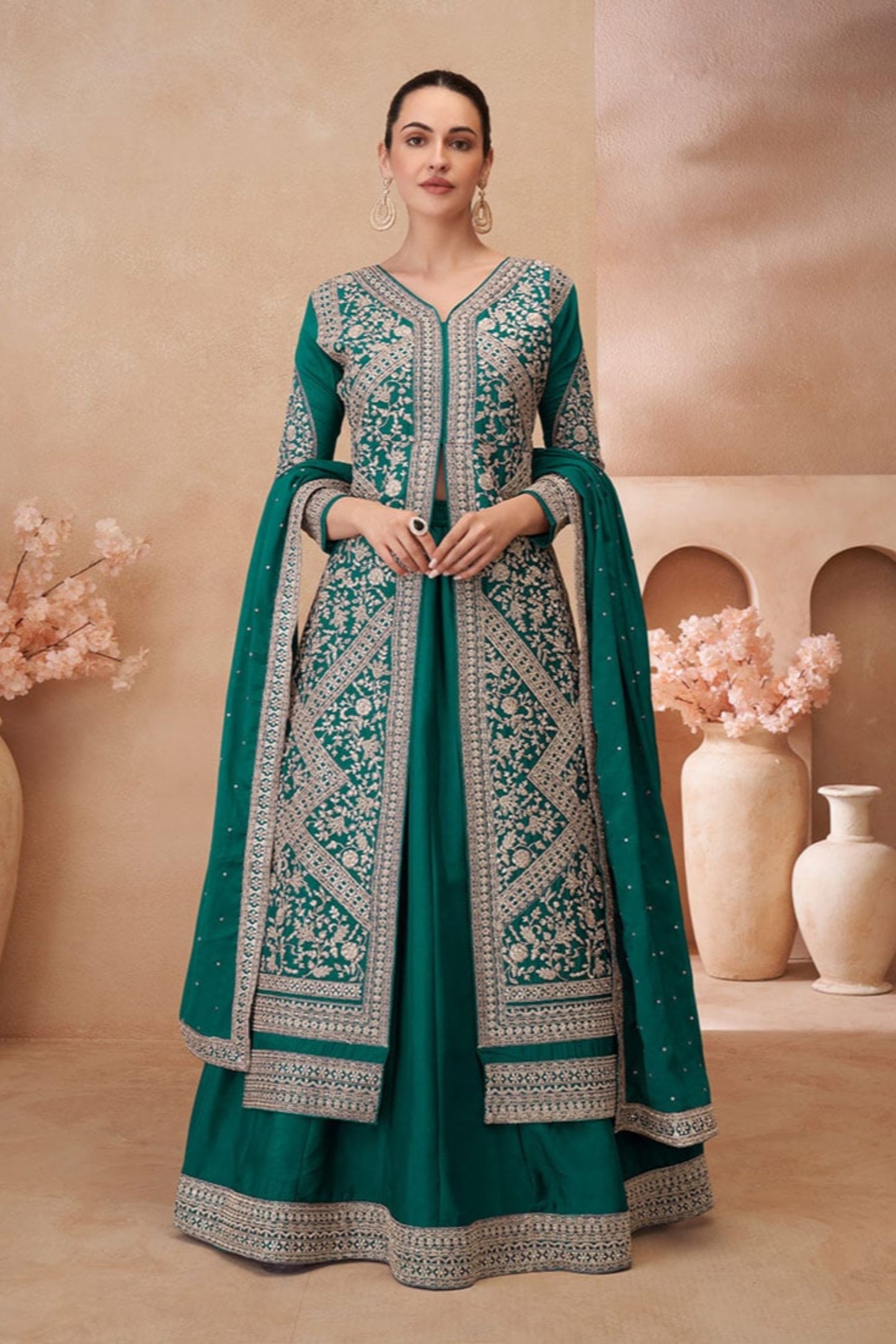 Women's Wedding Green Stitched Chinon Silk Shrug Lehenga with Dupatta Suit