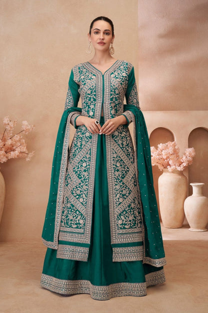 Women's Wedding Green Stitched Chinon Silk Shrug Lehenga with Dupatta Suit