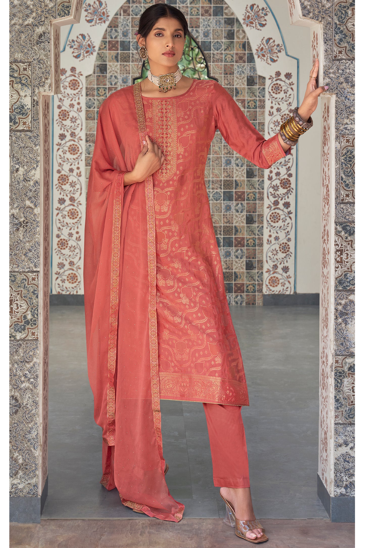 Pink suit salwar suit front view on model