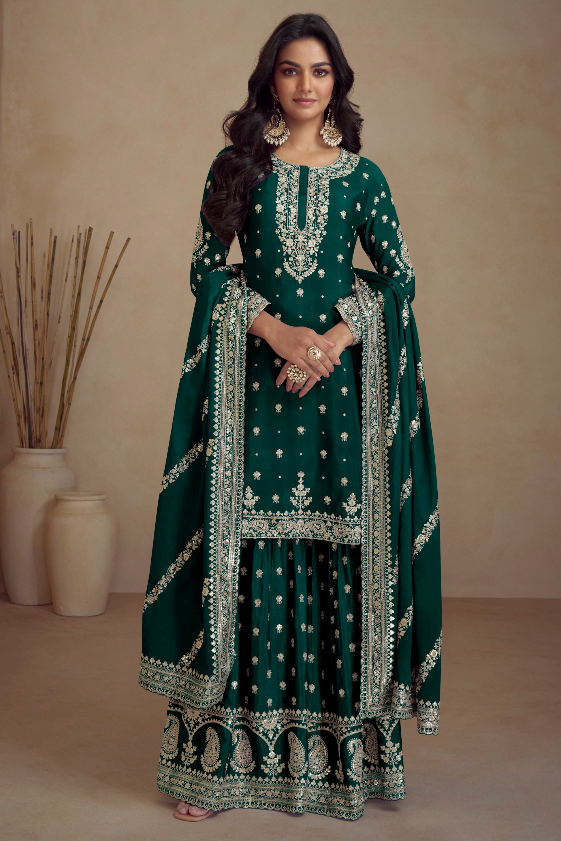 Dark Green Embroidered Sharara Dress For Women Seyuri Dark Green Embroidered Sharara Dress For Women Seyuri