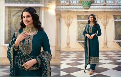 Back design view of teal green embroidered salwar kameez
