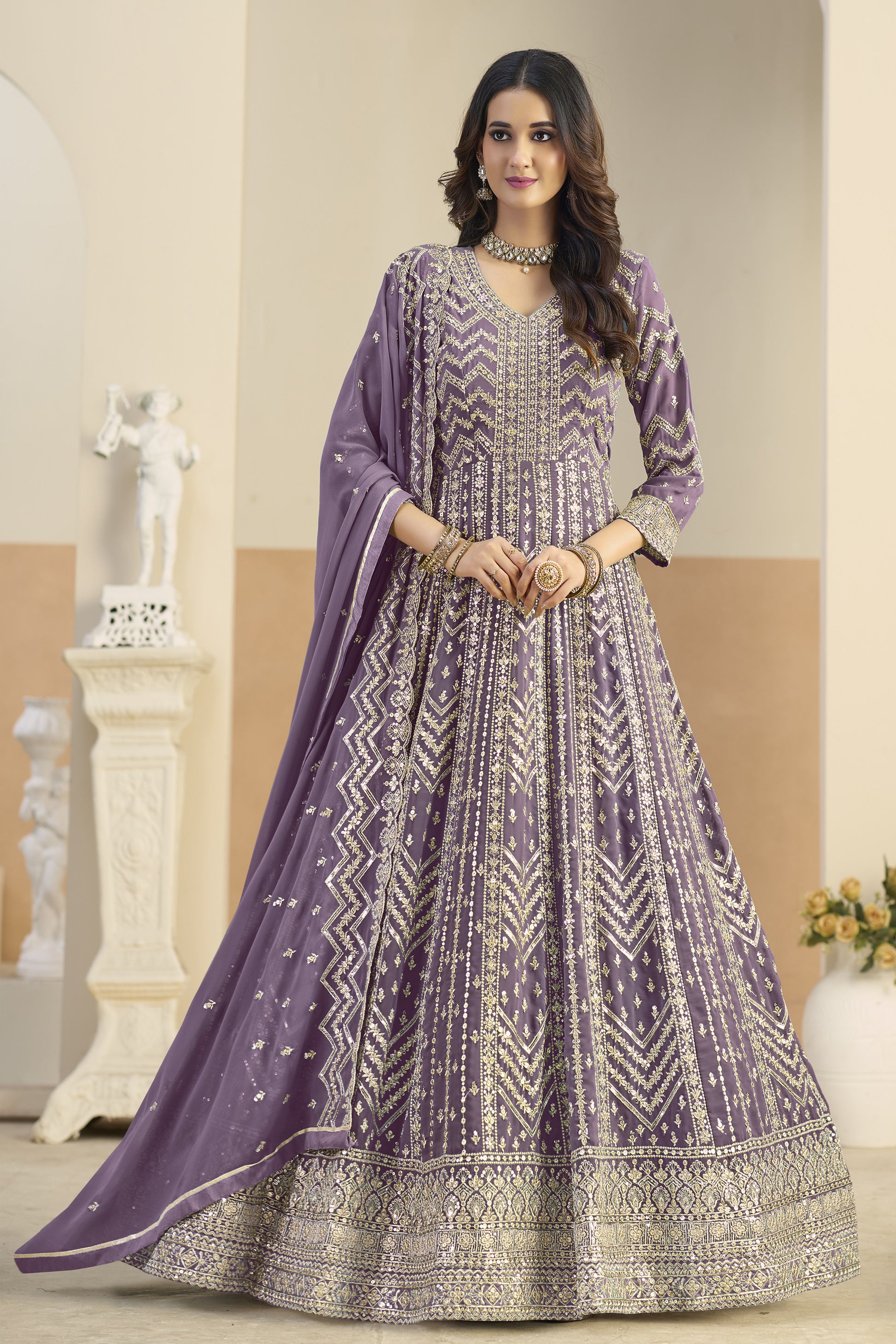 Stylish Anarkali gown in lavender front view