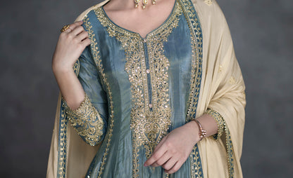 Gray Designer Embroidered Palazzo Suit 
