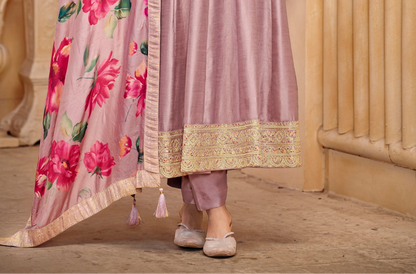 Lavender Anarkali Gown with Embroidery Worked Dupatta Suit for USA Women's