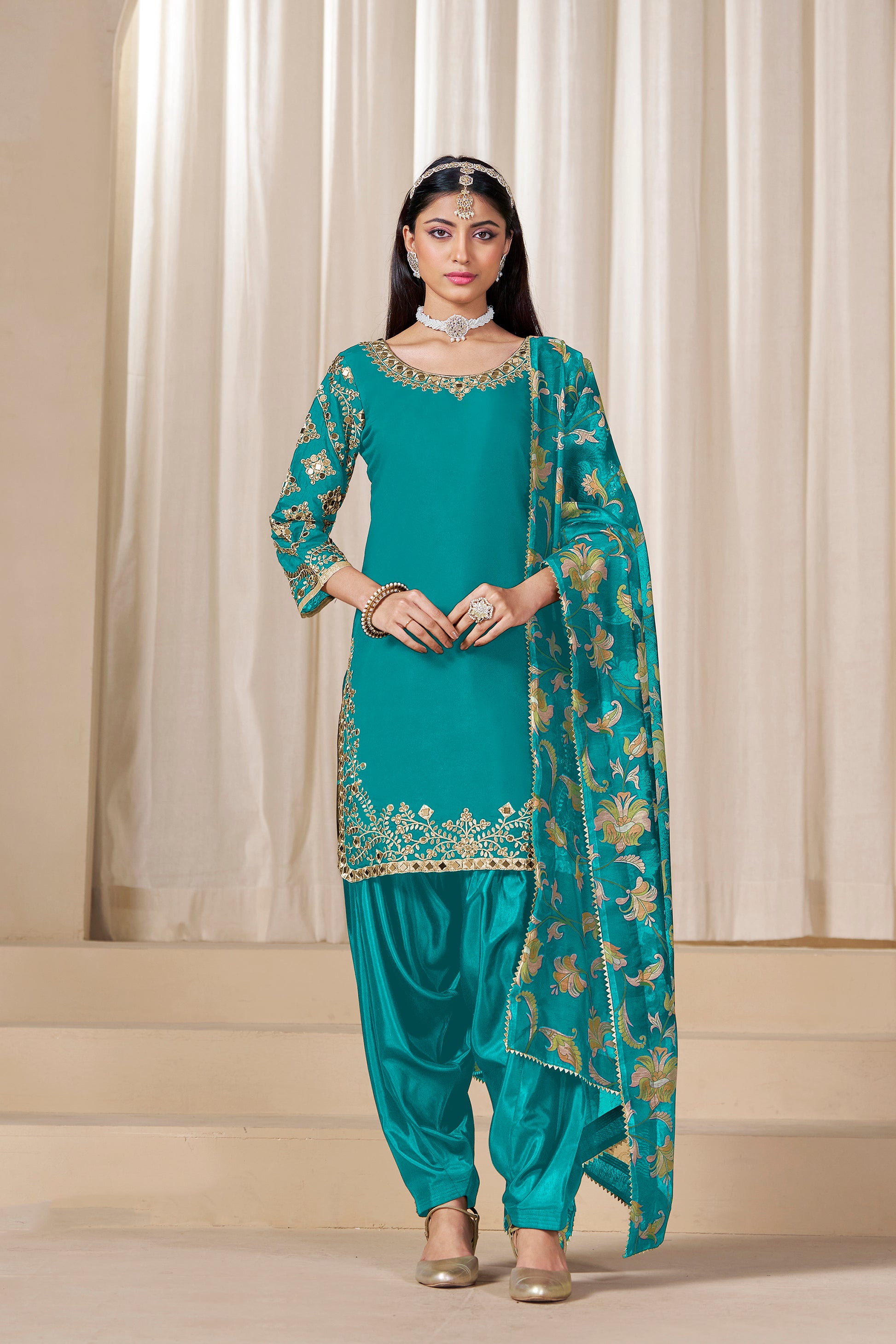 Teal blue patiala suit front view in traditional style