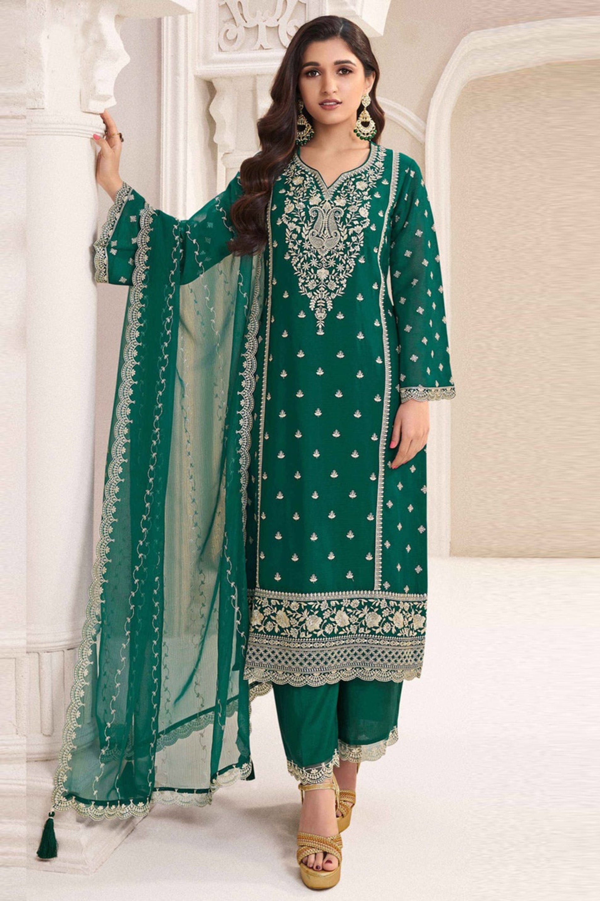 Teal green pakistani kameez salwar set front view
