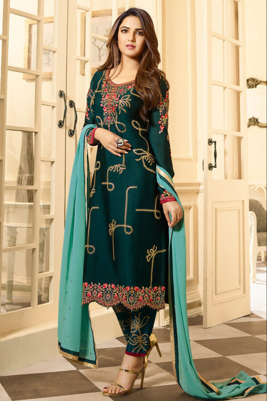Teal salwar kameez front view with embroidery detailing