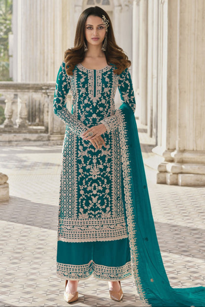 Newest Style Teal Heavy Embroidery Bridal Salwar Kameez With Dupatta