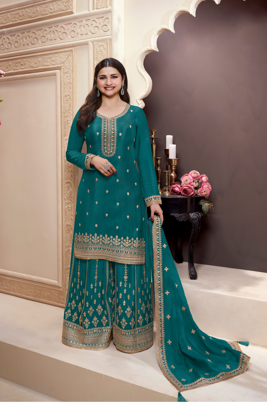 Teal Green Heavy Embroidered Palazzo Suit