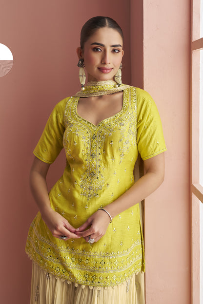 Traditional Wear Light Yellow color plazzo with Embroidered Work Dupatta