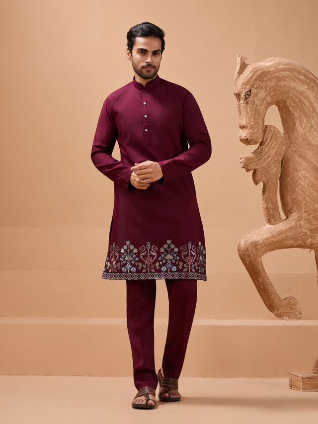 Kurta Clothes For Men In Burgundy Red Festive Style