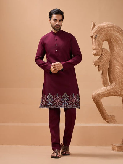 Kurta Clothes For Men In Burgundy Red Festive Style