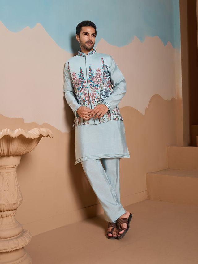 Mens Blue Kurta Pajama Close Up Fabric Texture
