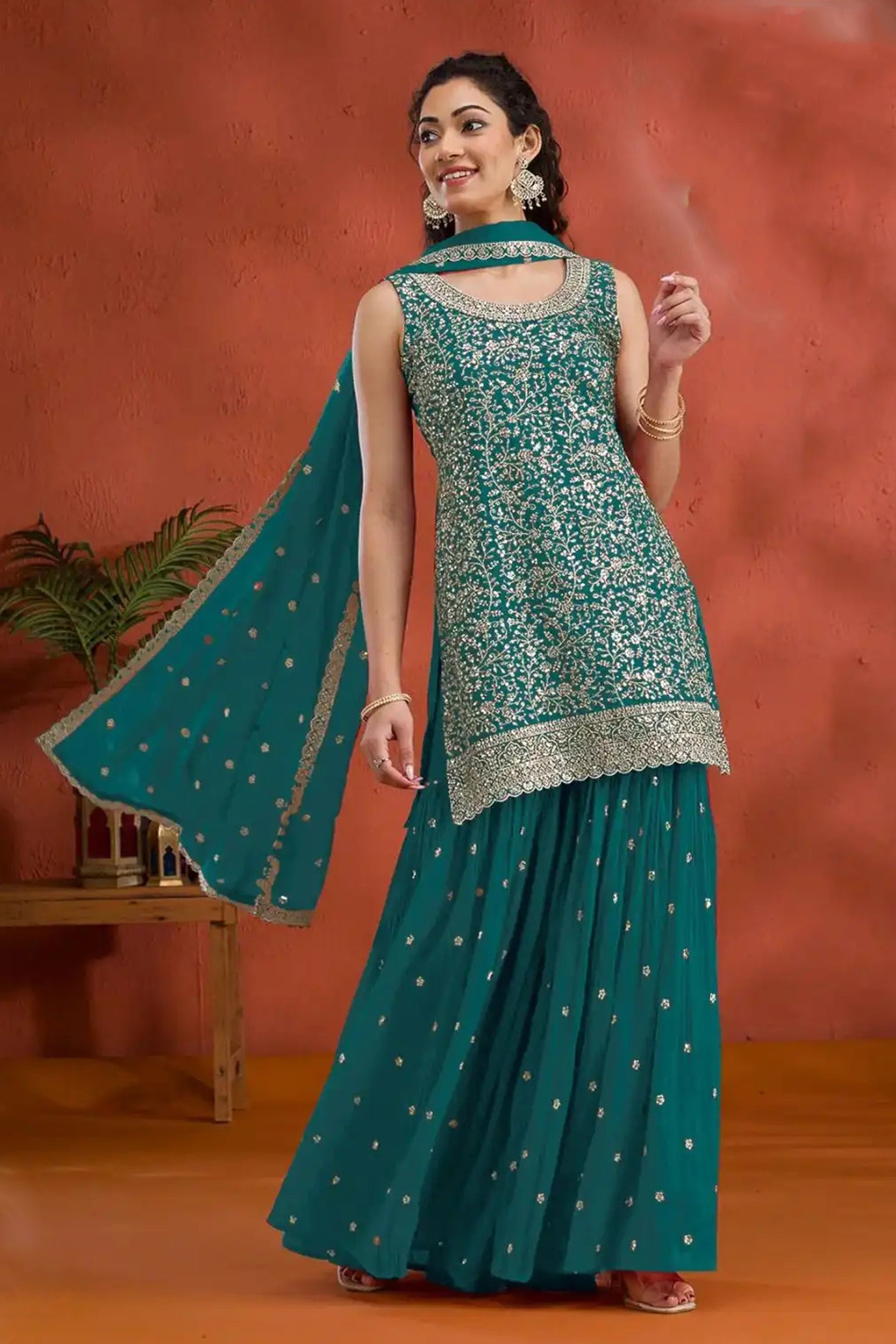 Teal Blue Embroidered Pakistani Palazzo Suit - Ready To Wear Salwar Kameez For Weddings USA