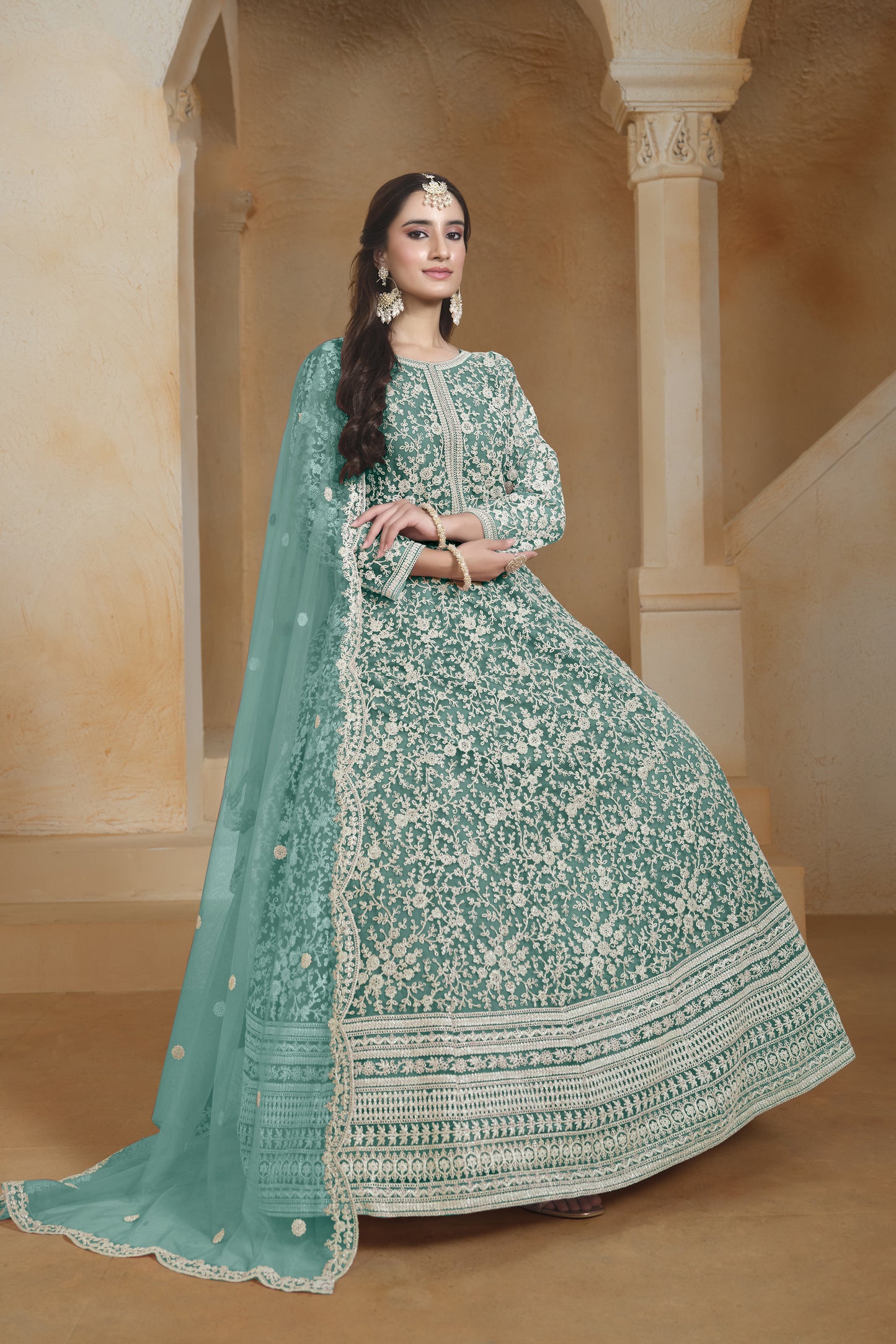 Designer Wear Anarkali Stitched Embroidery Worked Gown for USA Women's