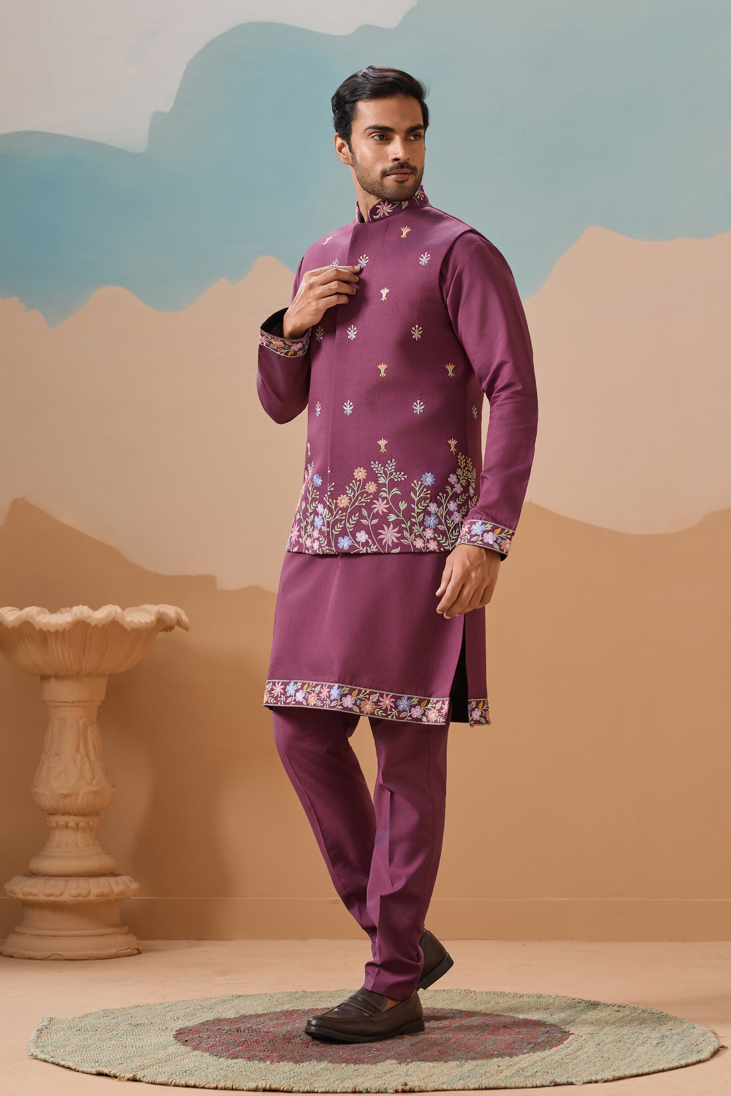 Pink Kurta For Men Featuring Traditional Ethnic Embroidery