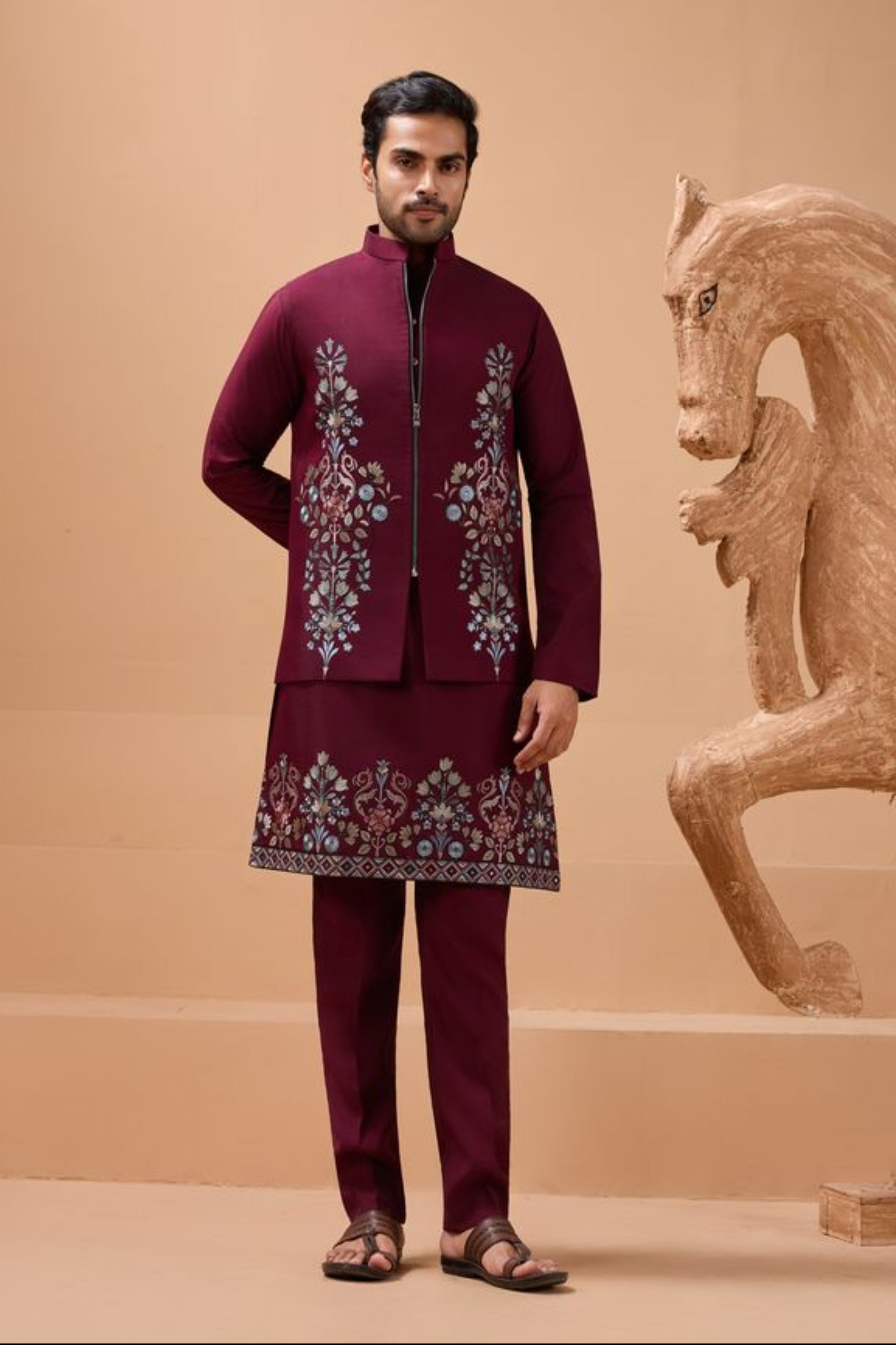 Mens Eid Kurta In Burgundy Red Kurta Pants Front View
