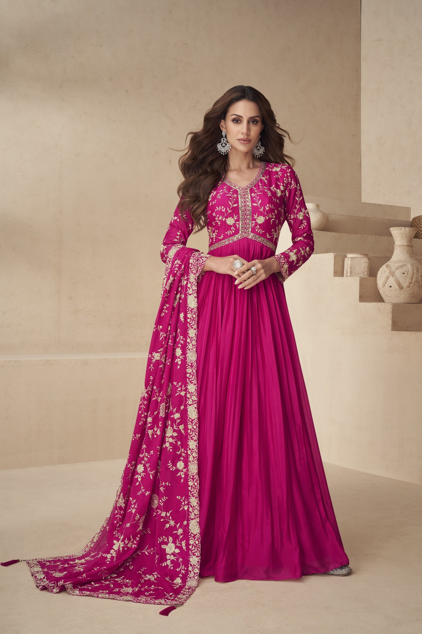 Pink Gorgeous Silk Chinon Anarkali Gown Traditional Wear For Reception