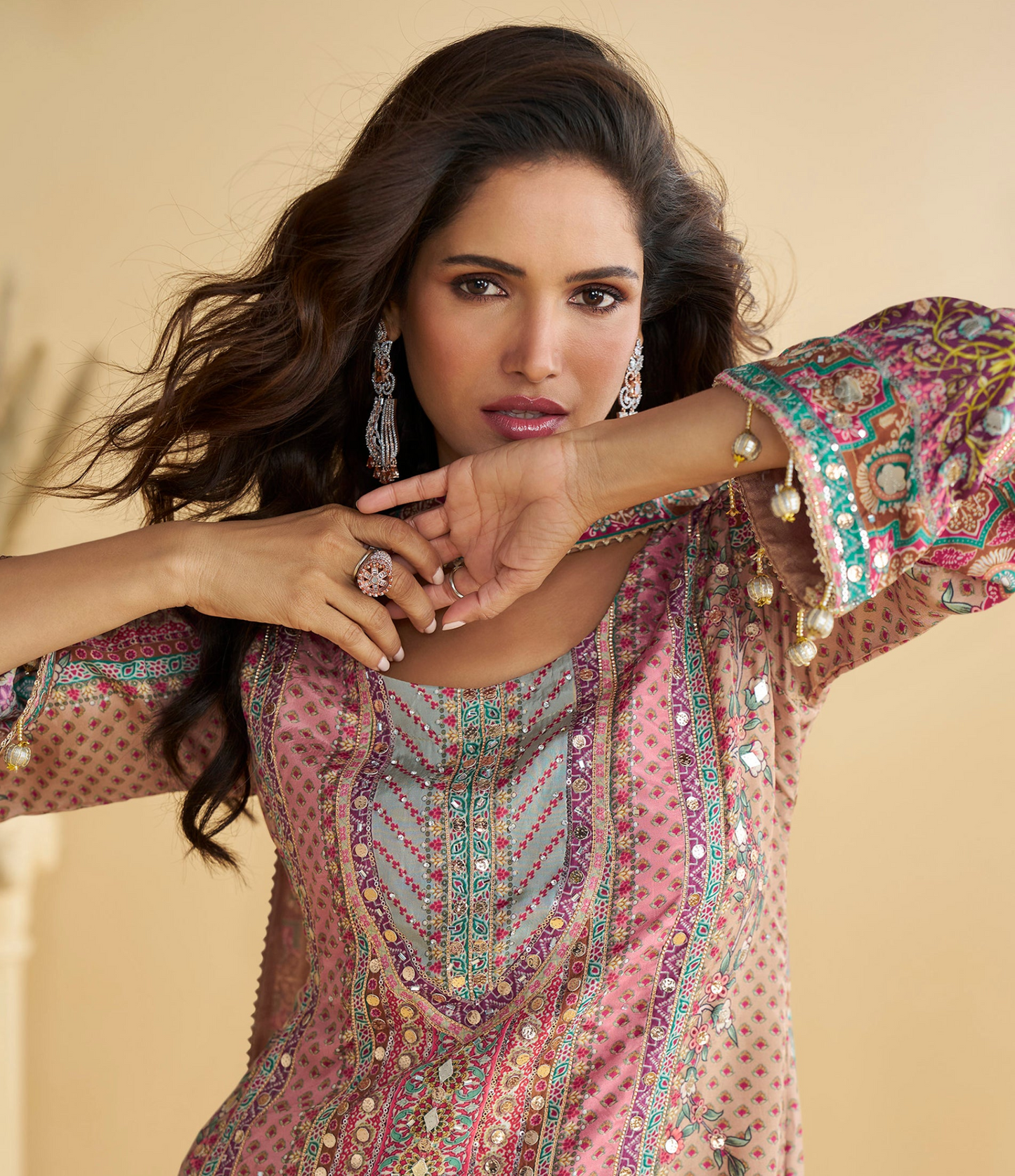 Beige Embroidered Palazzo Suit for Women Party Wear