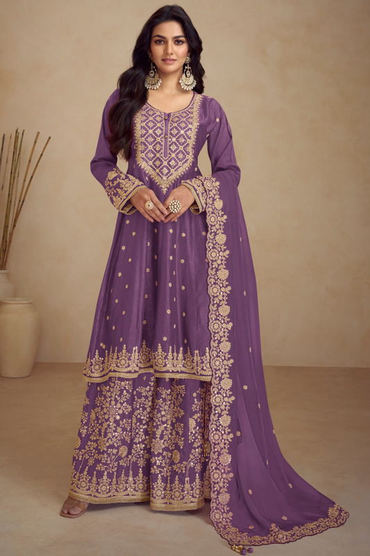 Purple Heavy Embroidered Chinon Silk Palazzo Suit 