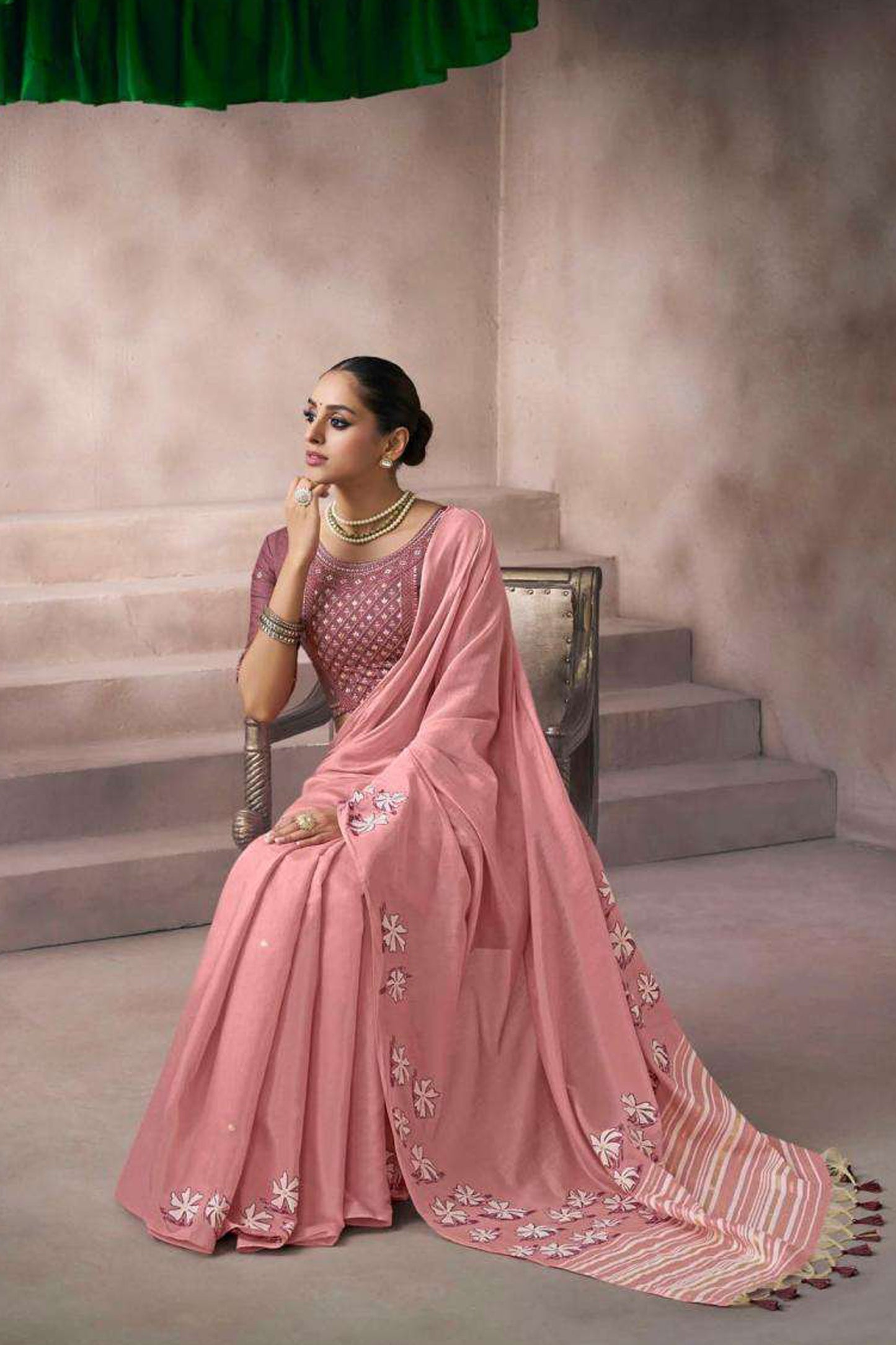 Pink Saree With Blouse Back View - Ready To Wear Traditional Outfit USA