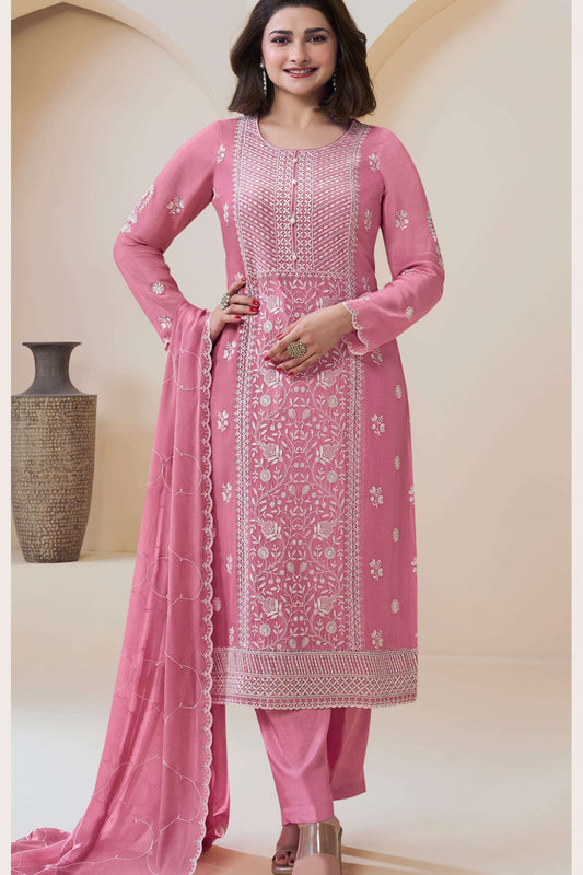 Pink salwar kameez women front view with embroidery
