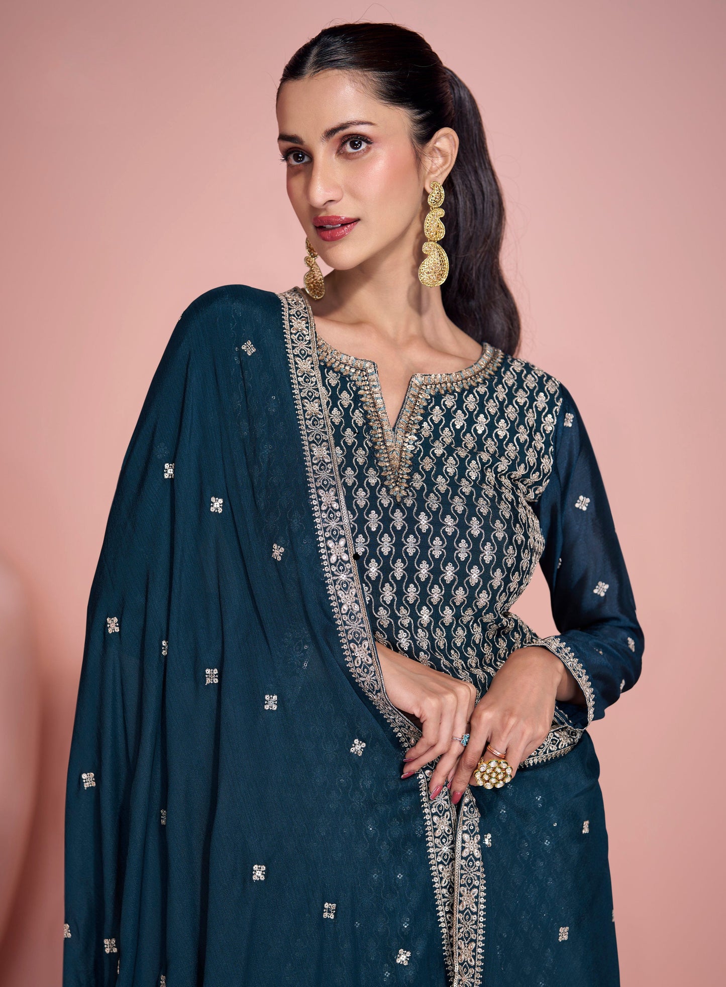 Navy Blue Sharara Suit Front View With Dupatta