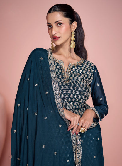 Navy Blue Sharara Suit Front View With Dupatta