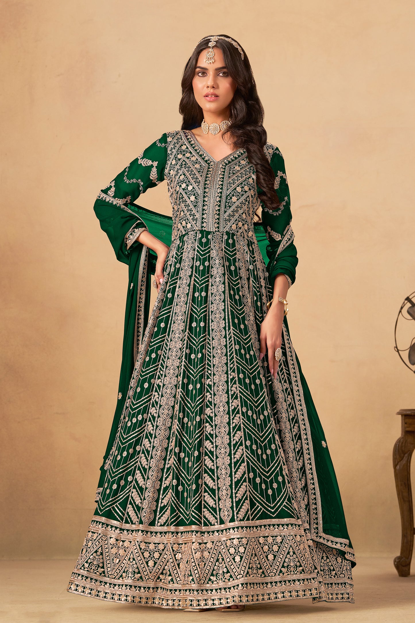 Green Heavy Embroidered Worked Long Anarkali Gown Dupatta 