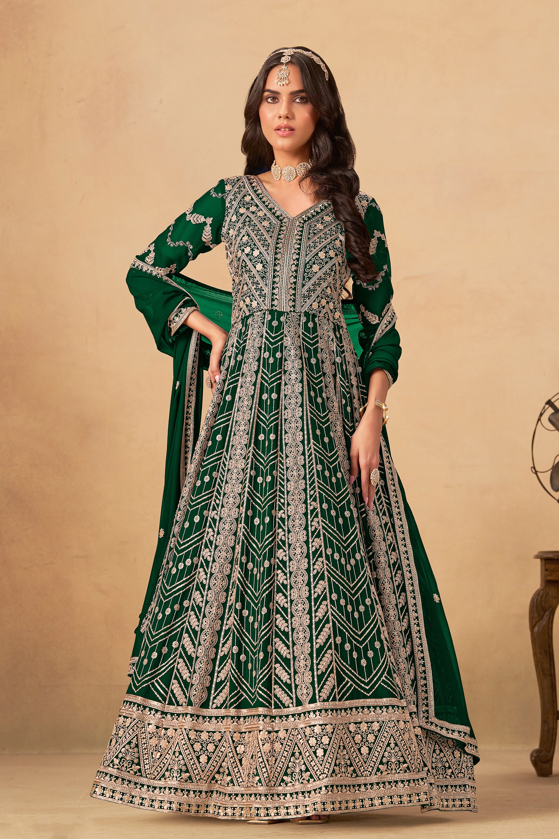 Green Heavy Embroidered Worked Long Anarkali Gown Dupatta 