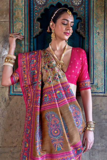 Indian Bridal Saree Cream Organza With Gajri Silk Blouse - Full Drape