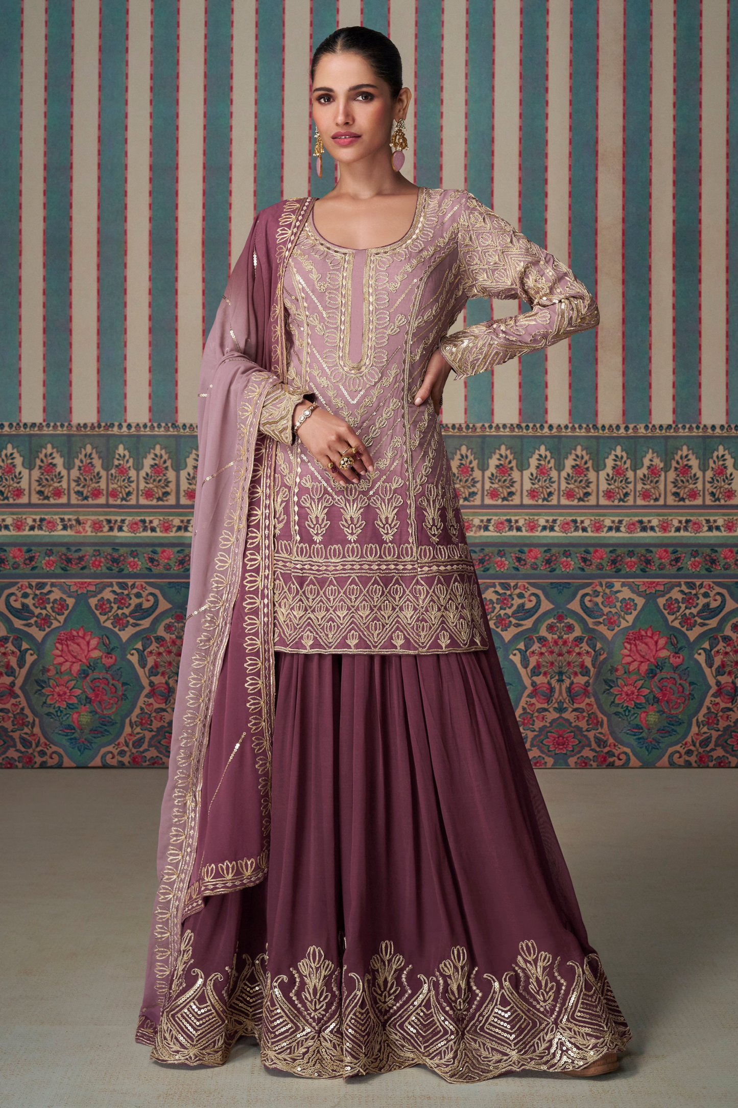Model wearing wine sharara suit by Seyuri